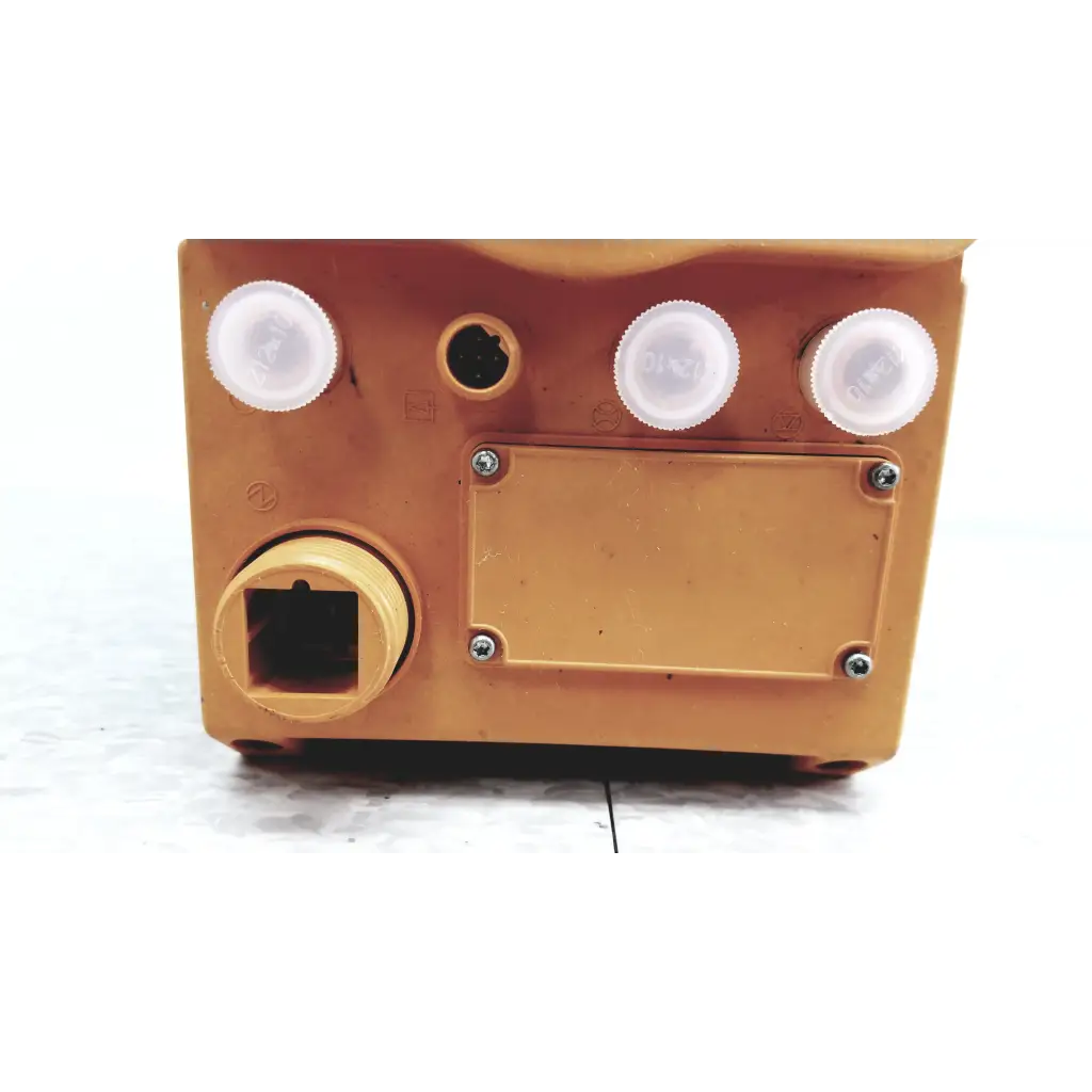 Orange plastic prominent gamma x gmxa 1602 diaphragm metering pump with four white caps and a black port