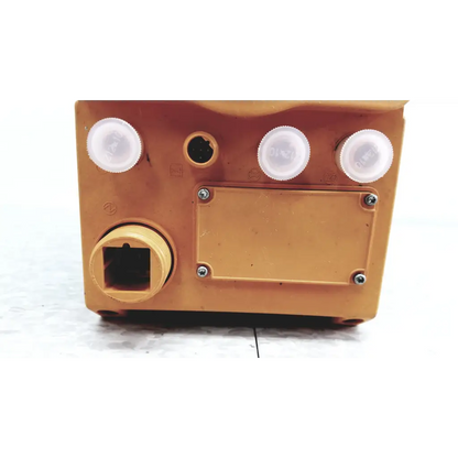 Orange plastic prominent gamma x gmxa 1602 diaphragm metering pump with four white caps and a black port