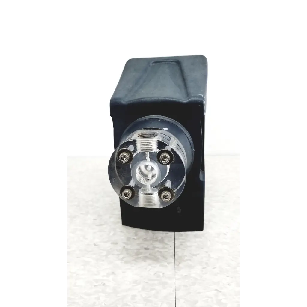 Black rectangular housing of prominent gamma x gmxa 1602 solenoid diaphragm metering pump with silver threaded ports