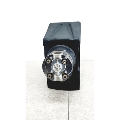 Black rectangular housing of prominent gamma x gmxa 1602 solenoid diaphragm metering pump with silver threaded ports