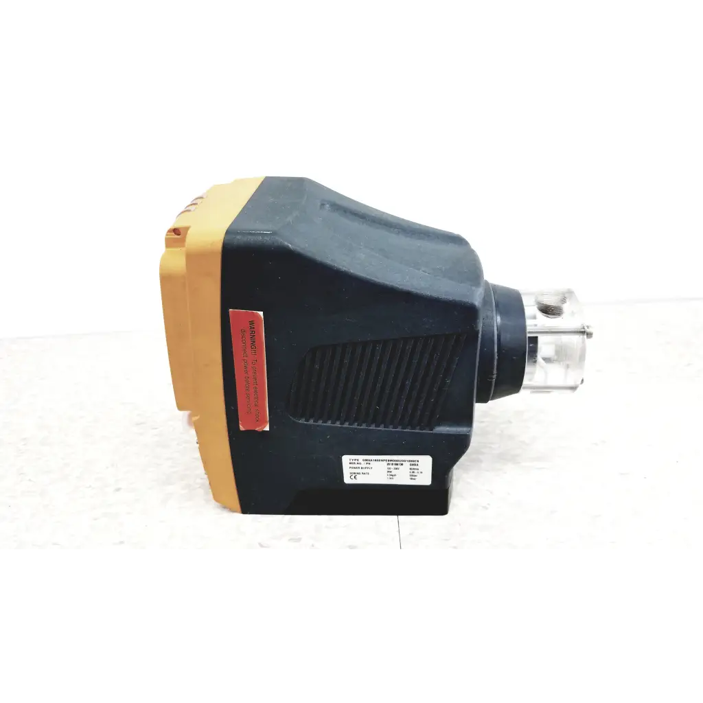 ProMinent gamma x gmxa 1602 diaphragm metering pump with black and yellow industrial laser scanner and transparent lens housing