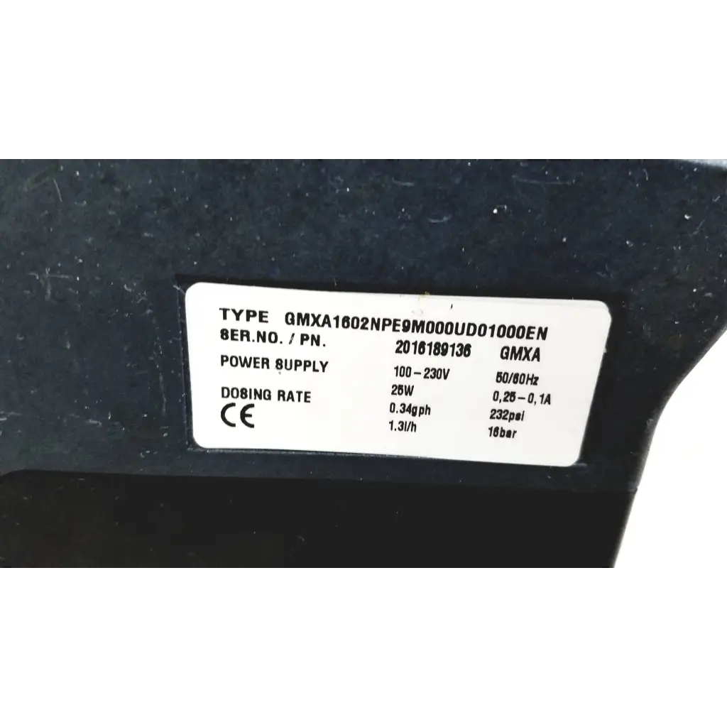 Black industrial-grade ProMinent gamma X GMXA 1602 diaphragm metering pump with white label showing technical specs