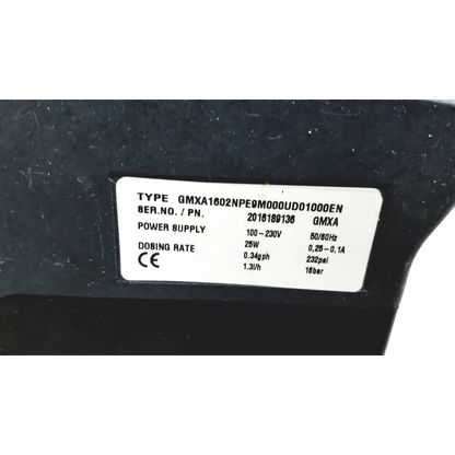 Black industrial-grade ProMinent gamma X GMXA 1602 diaphragm metering pump with white label showing technical specs