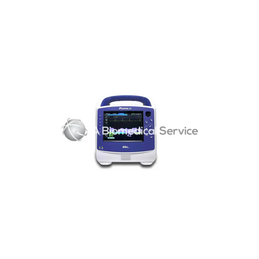 Blue and white zoll propaq m portable defibrillator monitor with digital screen displaying heart rhythm readings