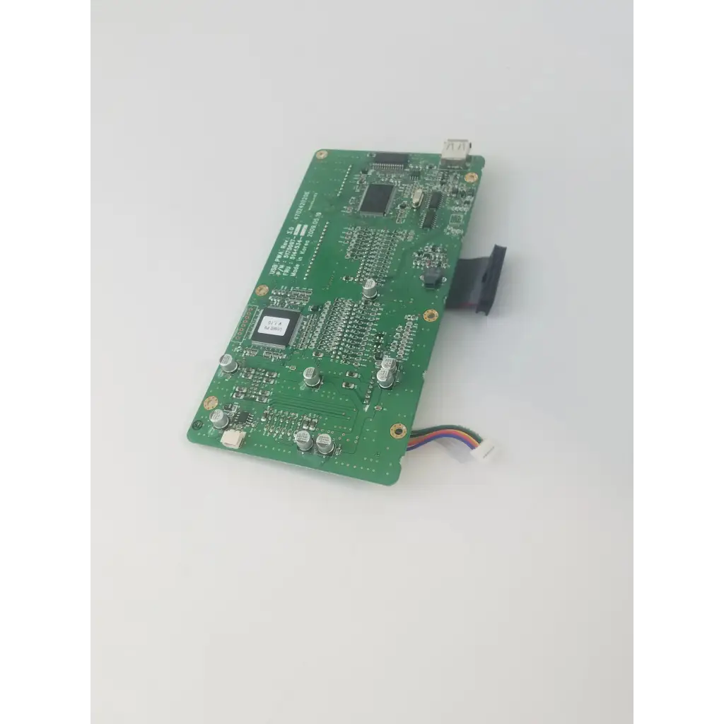 Green rectangular usb control board with electronic components and multicolored ribbon cable pwa rev 3.0