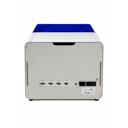 Biomed certified qiagen qiagility laboratory automation instrument in white and blue with multiple ports on back panel