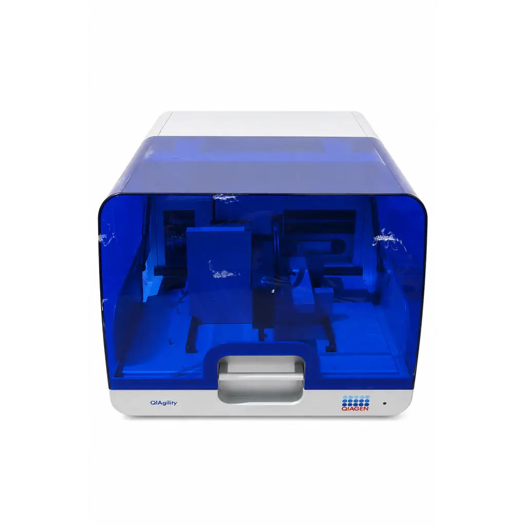 Blue translucent plastic qiagen qiagility biomed certified laboratory automation instrument with white base and front panel