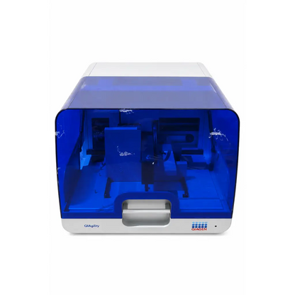 Blue translucent plastic qiagen qiagility biomed certified laboratory automation instrument with white base and front panel