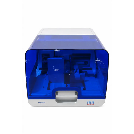 Blue translucent plastic qiagen qiagility laboratory automation instrument with white base and front panel
