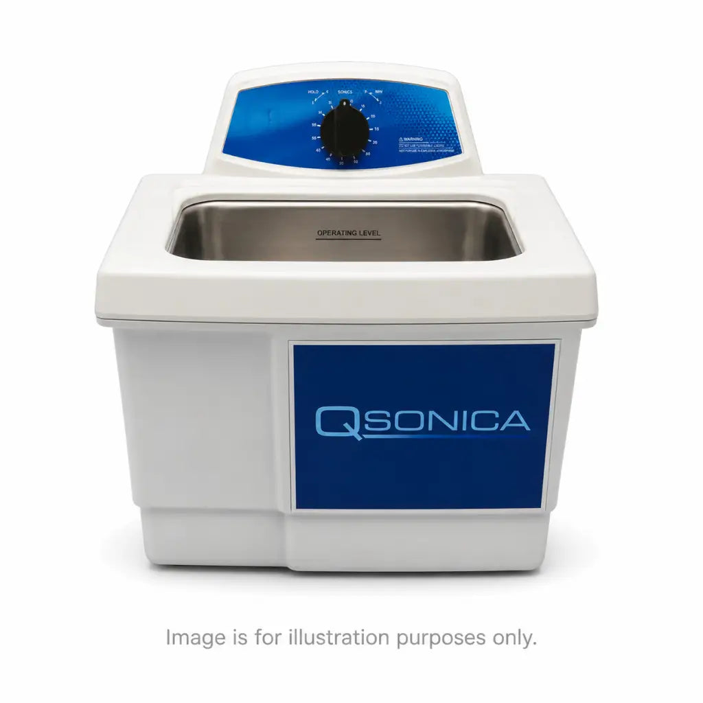 White Qsonica C75T ultrasonic cleaner with blue control panel and stainless steel tank refurbished for precision cleaning