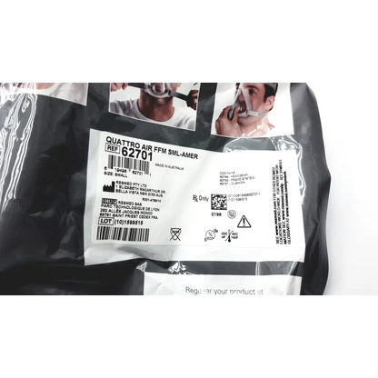 Black plastic packaging for resmed quattro air face mask small with printed product info and device images in use