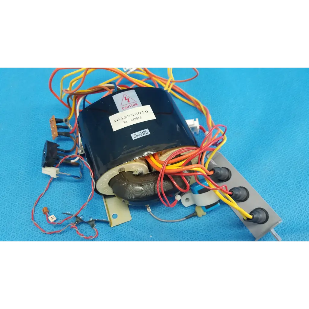 Black cylindrical core power transformer with colored wires and connectors for topcon trc-nw6s retinal camera