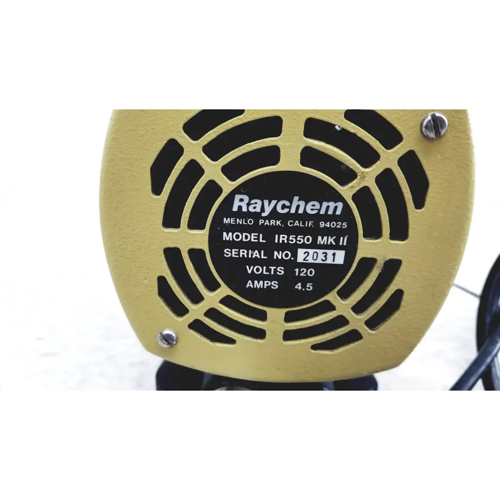Yellow raychem ir550 mk ii industrial fan with black ventilation slats and 120 volts label for heat shrink station use