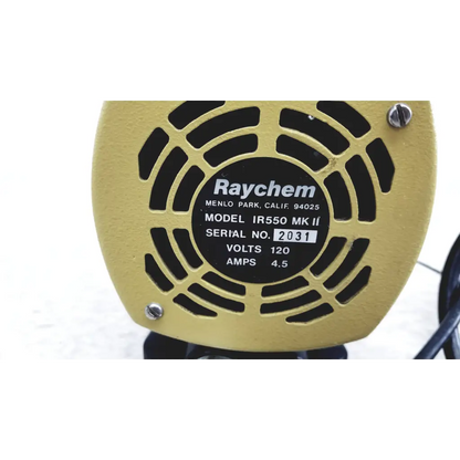 Yellow raychem ir550 mk ii industrial fan with black ventilation slats and 120 volts label for heat shrink station use