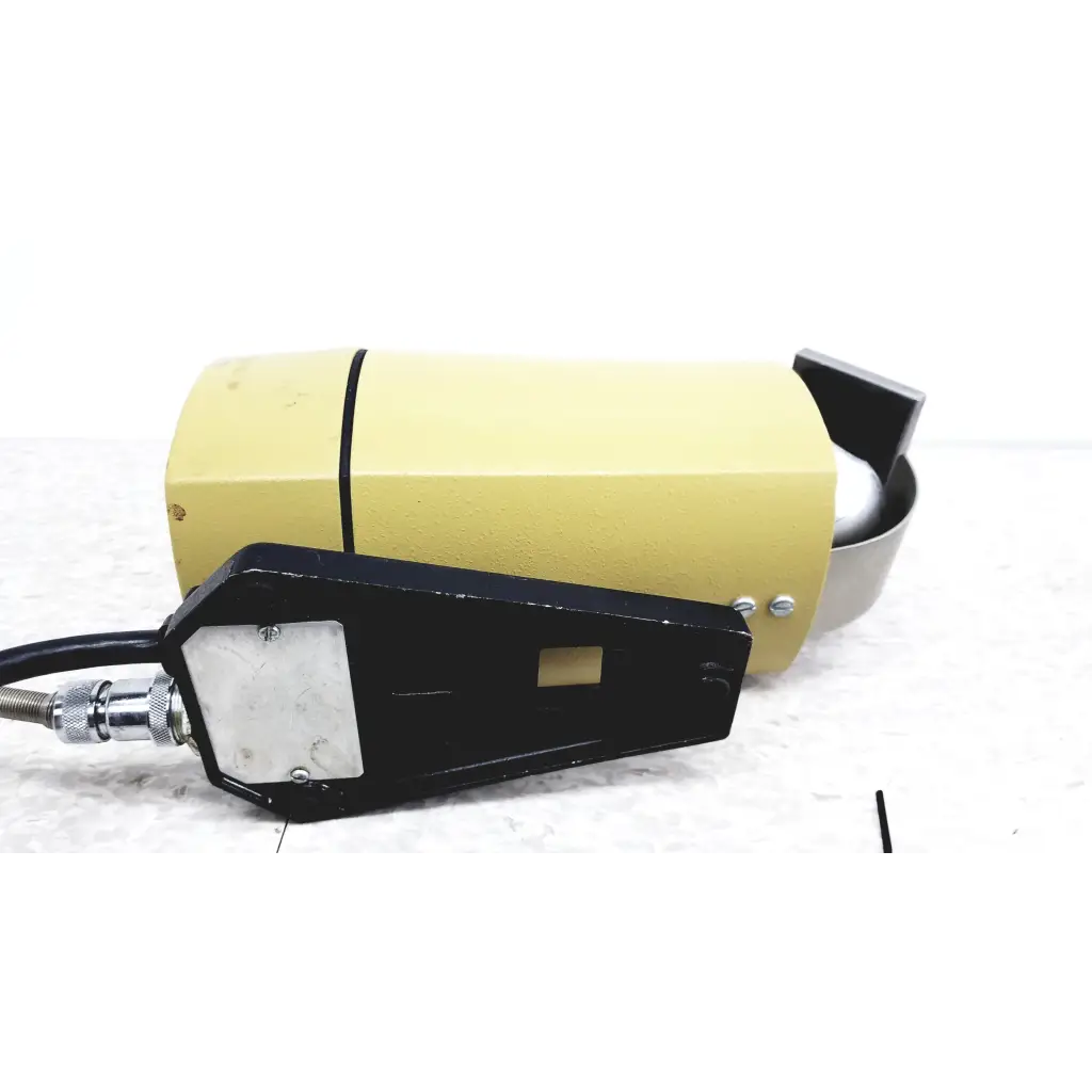 Yellow cylindrical industrial sensor with black mounting bracket and metallic connector for raychem ir-550 infrared heat shrink station