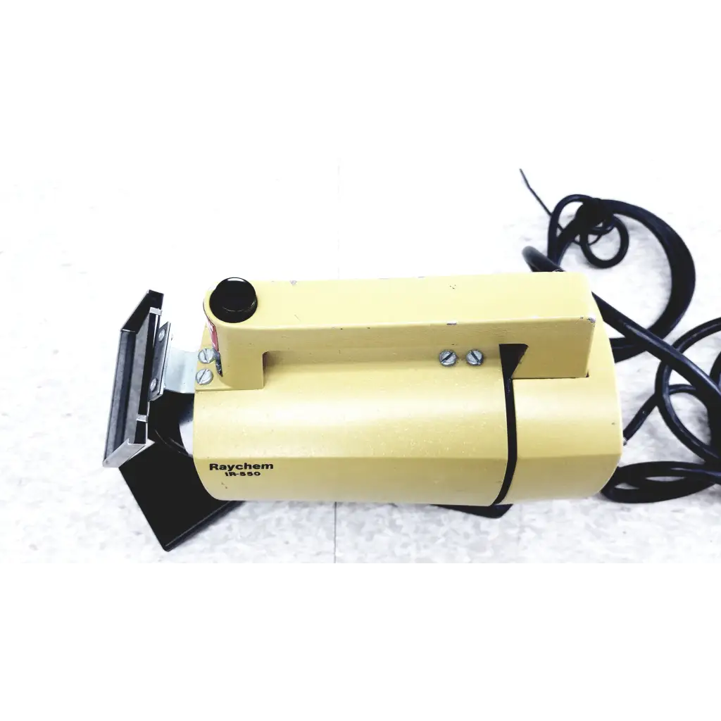 Yellow raychem ir-850 infrared heat shrink heater with black power cord and metal clamp for heat shrink station use