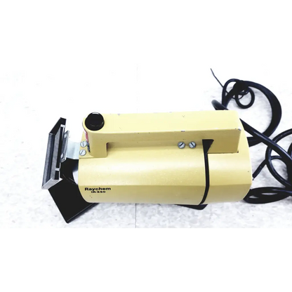 Yellow raychem ir-850 infrared heat shrink heater with black power cord and metal clamp for heat shrink station use