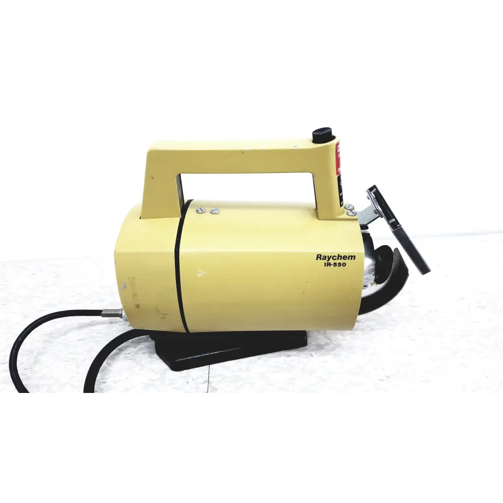 Yellow raychem ir-850 industrial infrared heat shrink heater with black handle and base in raychem ir-550 heat shrink station