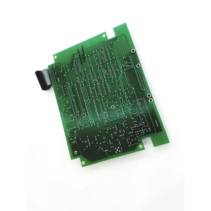 Green rectangular rev 2a pcb circuit board with silver conductive traces and black ribbon cable connector on one side
