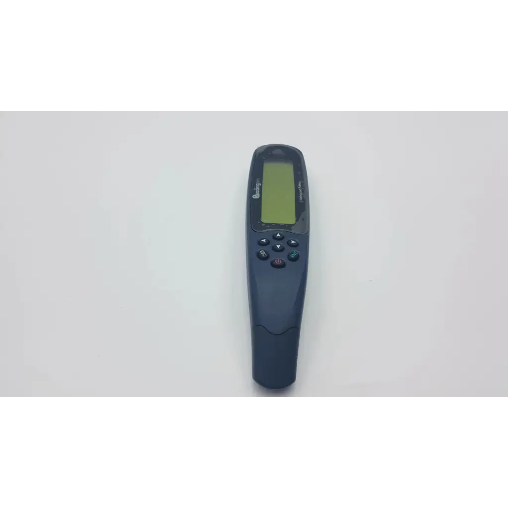 Black plastic remote control with small green screen and multiple buttons for readingpen advanced edition use