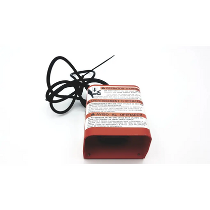 Red rectangular fire extinguisher with black hose coiled beside readlite ii t-91-swan038s foot switch product