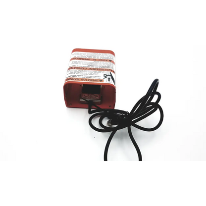 Red rectangular power adapter with black cord and warning labels for readlite ii t-91-swan038s foot switch