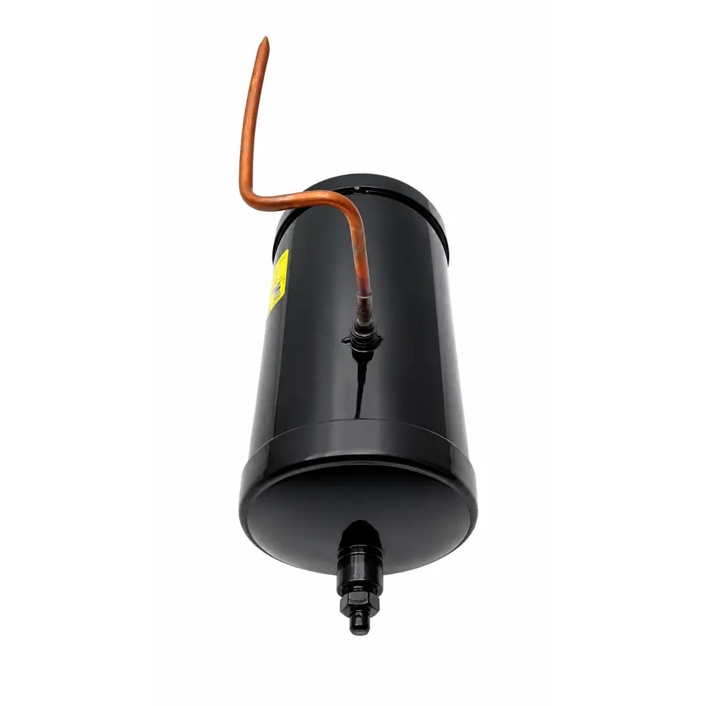 Biomed certified refrigerant receiver cylinder in black with copper tube and threaded valve for air conditioning systems