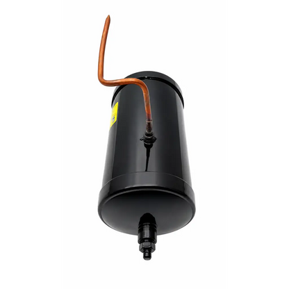 Biomed certified refrigerant receiver cylinder in black with copper tube and threaded valve for air conditioning systems