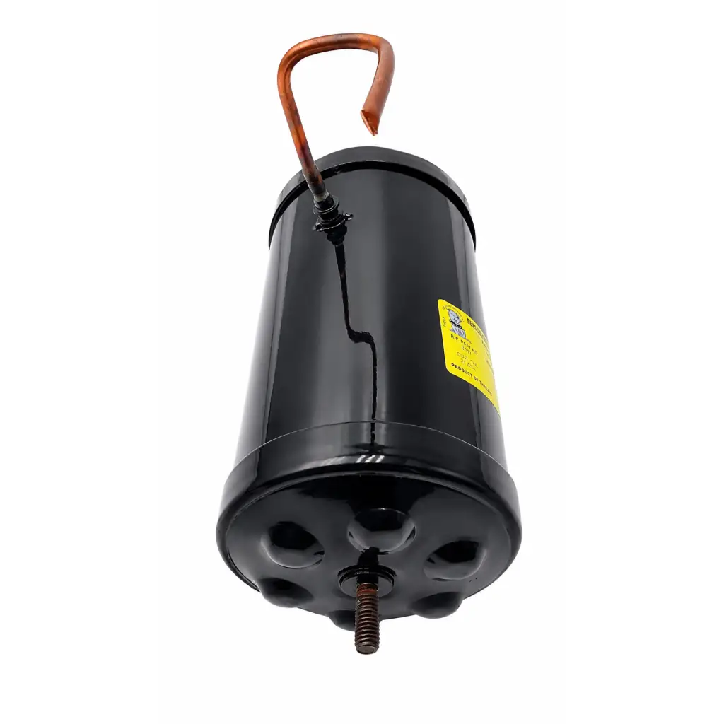Biomed certified black refrigerant receiver cylinder with copper tube hook and threaded bolt at the bottom