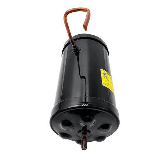 black refrigerant receiver cylinder with copper tube hook and threaded bolt at the bottom