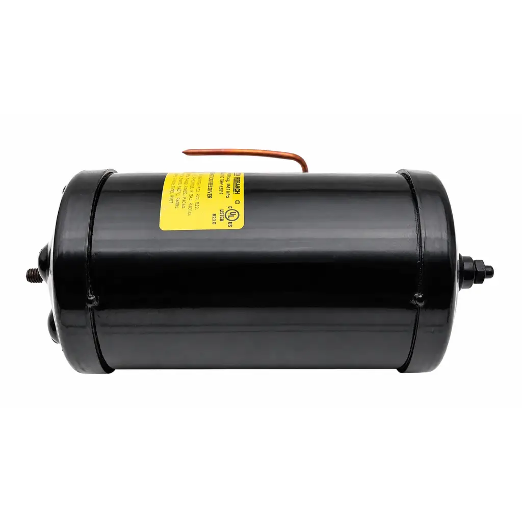 Black refrigerant receiver cylinder with copper tube handle and yellow label biomed certified product