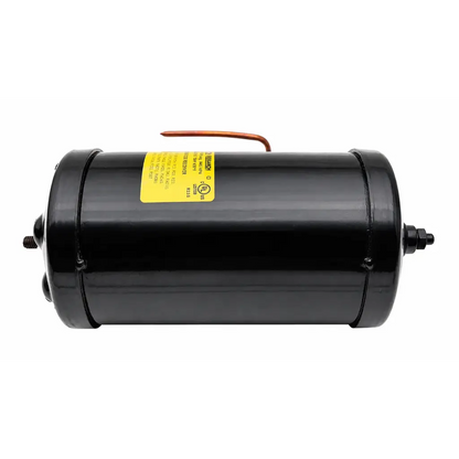 Black refrigerant receiver cylinder with copper tube handle and yellow label biomed certified product