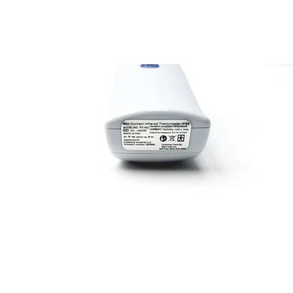 White plastic reizen talking non-contact thermometer showing sleek ergonomic design and labeled specifications on back side