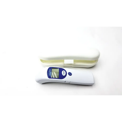 White and blue reizen talking non-contact thermometer with digital display beside its matching white protective case