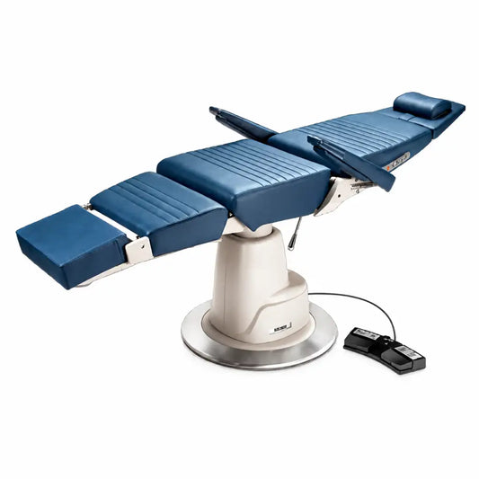 Blue leather adjustable power examination chair with cream base and foot pedal by reliance 710h medical products