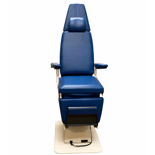 Blue leather power examination chair with adjustable headrest and armrests by reliance medical products 710h model