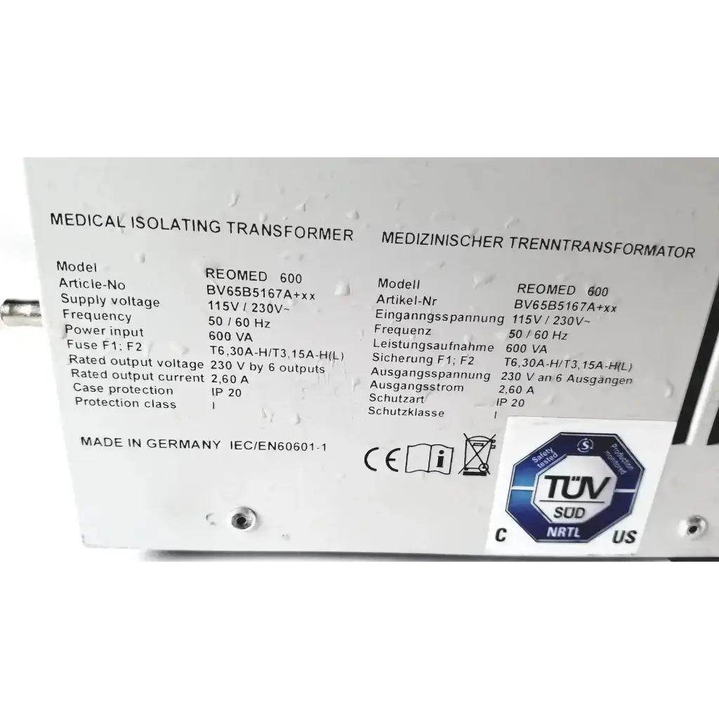 REO Reomed 600 IEC/EN60601-1 Medical Isolating Transformer 3rd Edition Medical Isolating Transformer, second-hand product photo 7