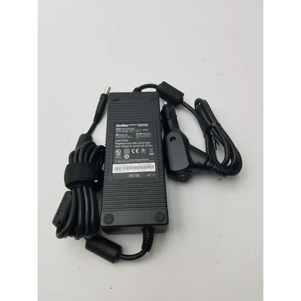 Black plastic resmed 90w 90w dc adapter r370-7231 with car charger and coiled cables for portable use
