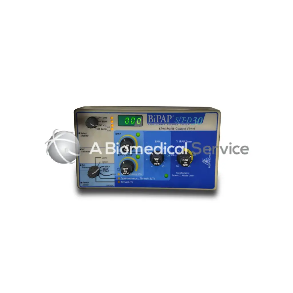 Blue and silver respironics bipap std 30 detachable control panel with green digital display for respiratory support