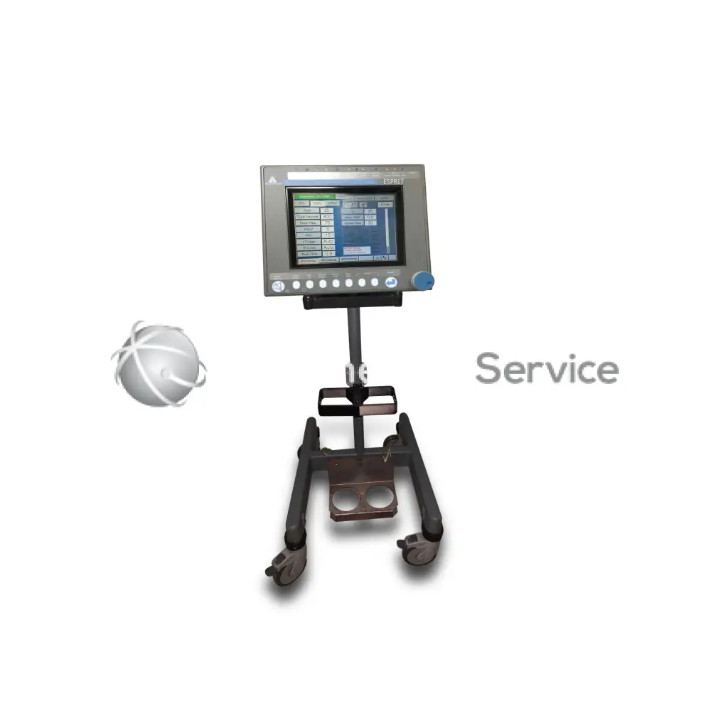 Gray industrial-grade respironics esprit v1000 medical monitor on wheeled cart with touchscreen and control buttons for biomedical service