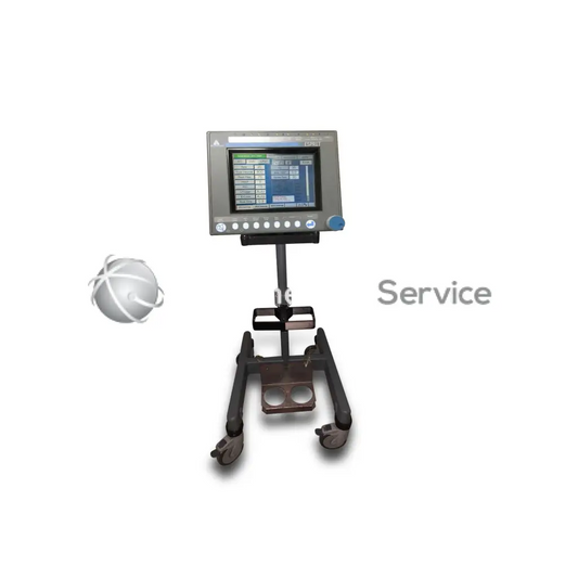 Gray industrial-grade respironics esprit v1000 medical monitor on wheeled cart with touchscreen and control buttons for biomedical service