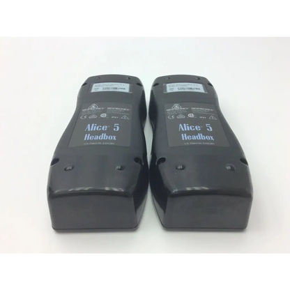 Black plastic alice 5 headbox devices with labeled stickers and ventilation holes in respironics sleep diagnostic equipment guide