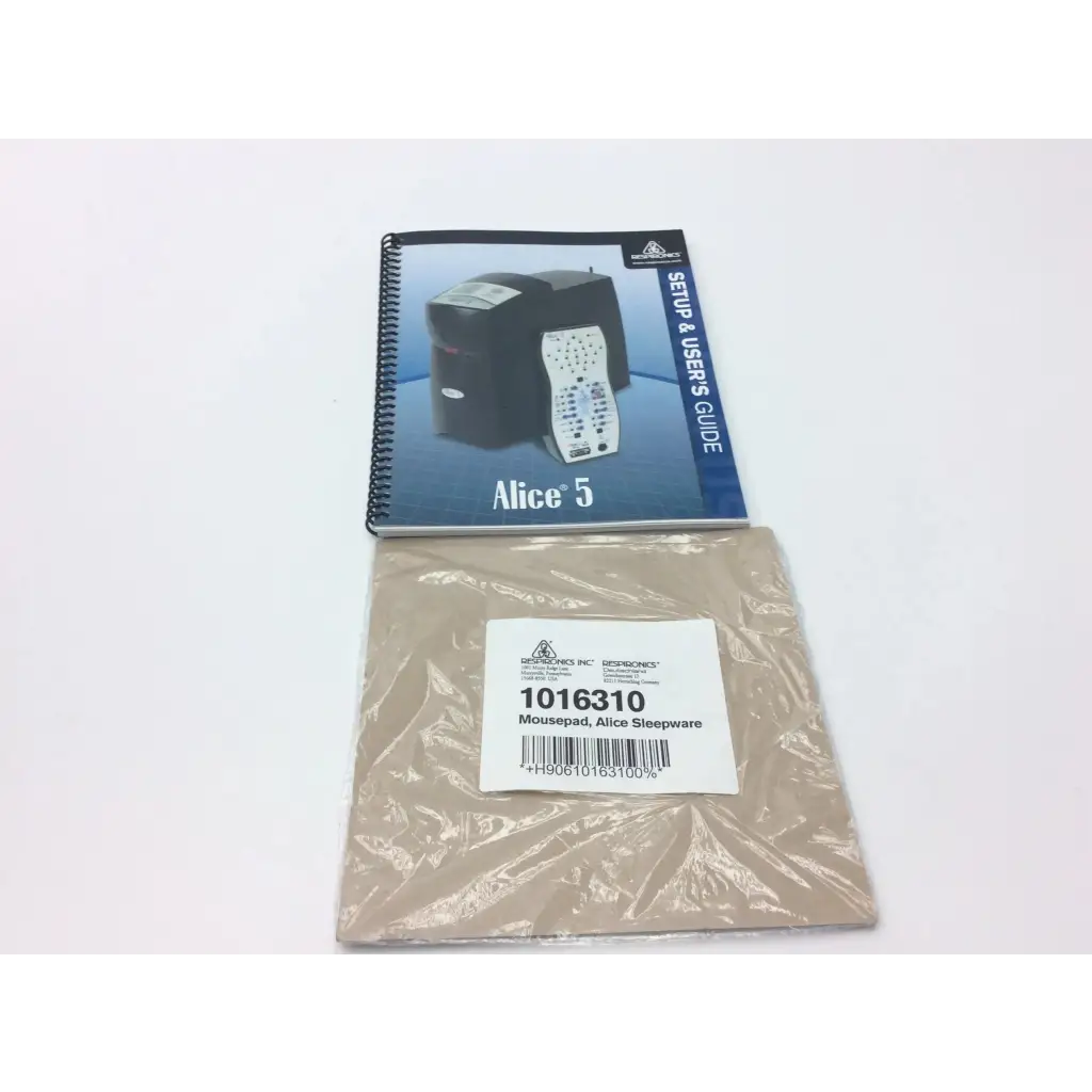 Beige mousepad in clear plastic packaging with white label showing model 1016310 for respironics sleep diagnostic equipment guide
