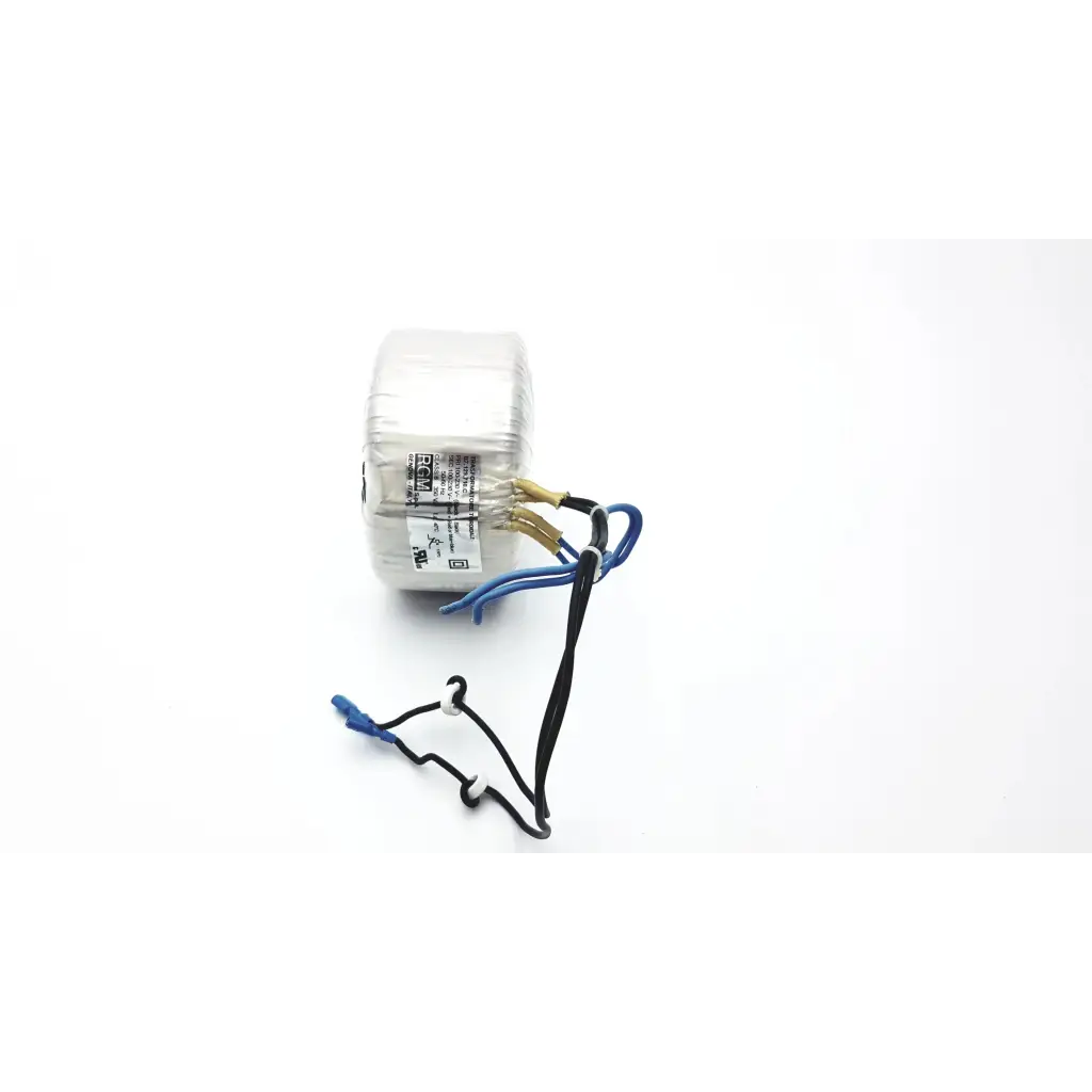 Silver cylindrical rgm transformatore toroidale b7.129.710.c with blue and black wires for 350 va class b use