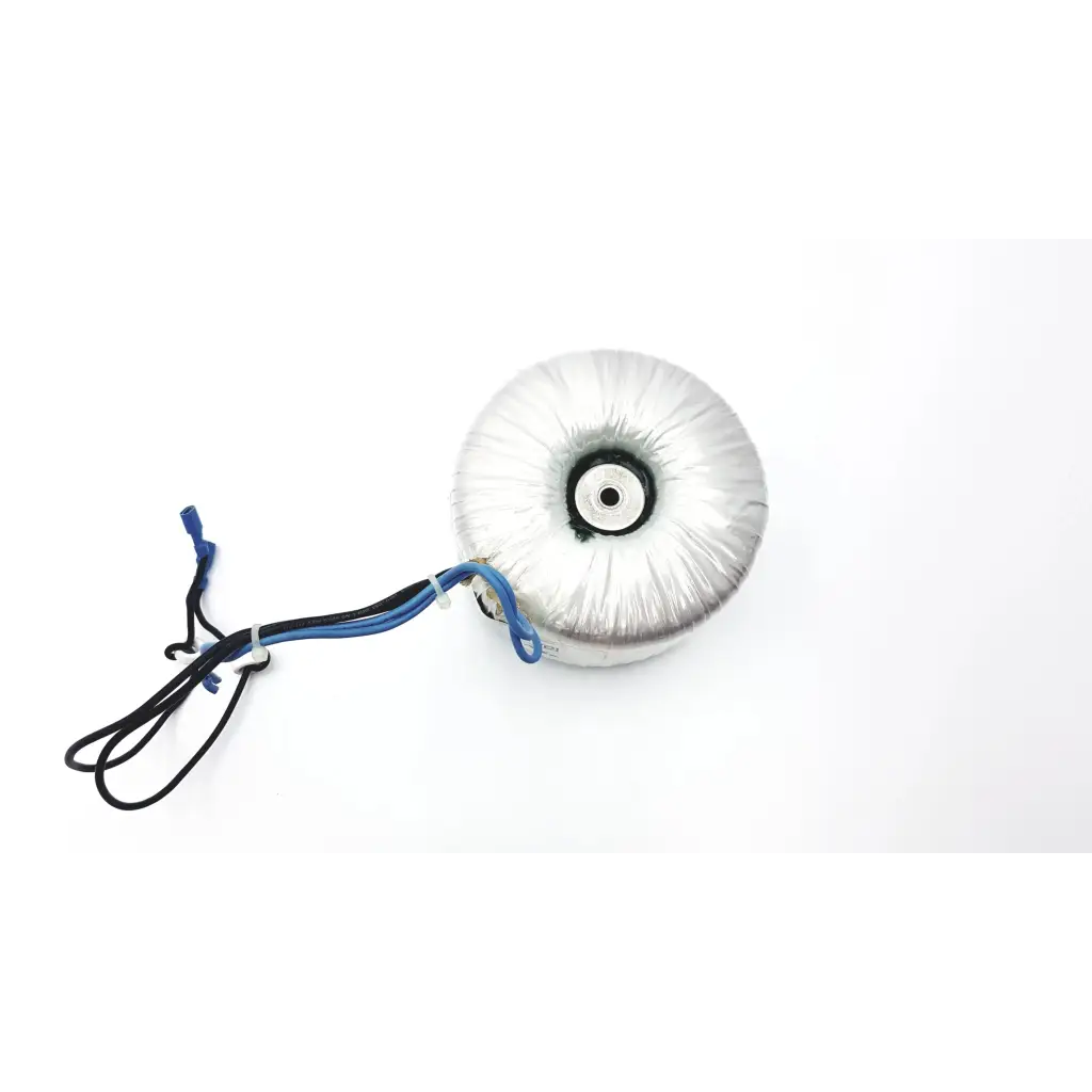 Silver-colored rgm transformatore toroidale b7.129.710.c class b 350 va with insulated wire coils and blue and black wiring