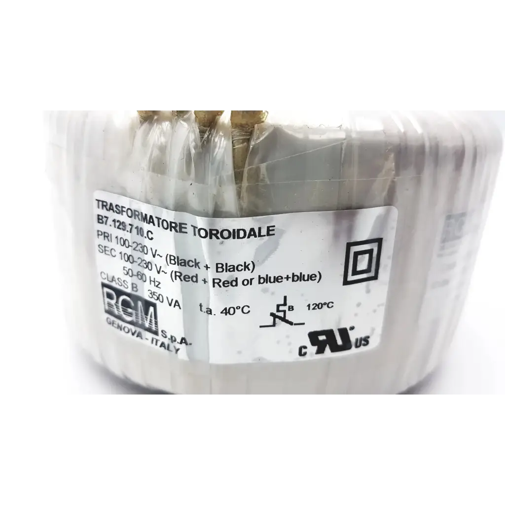 Silver-colored rgm transformatore toroidale b7.129.710.c class b 350 va with white label and rcm brand logo