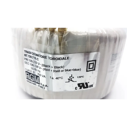 Silver-colored rgm transformatore toroidale b7.129.710.c class b 350 va with white label and rcm brand logo