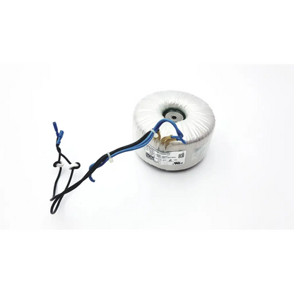 Silver-colored cylindrical rgm transformatore toroidale with insulated wires and blue connectors class b 350 va