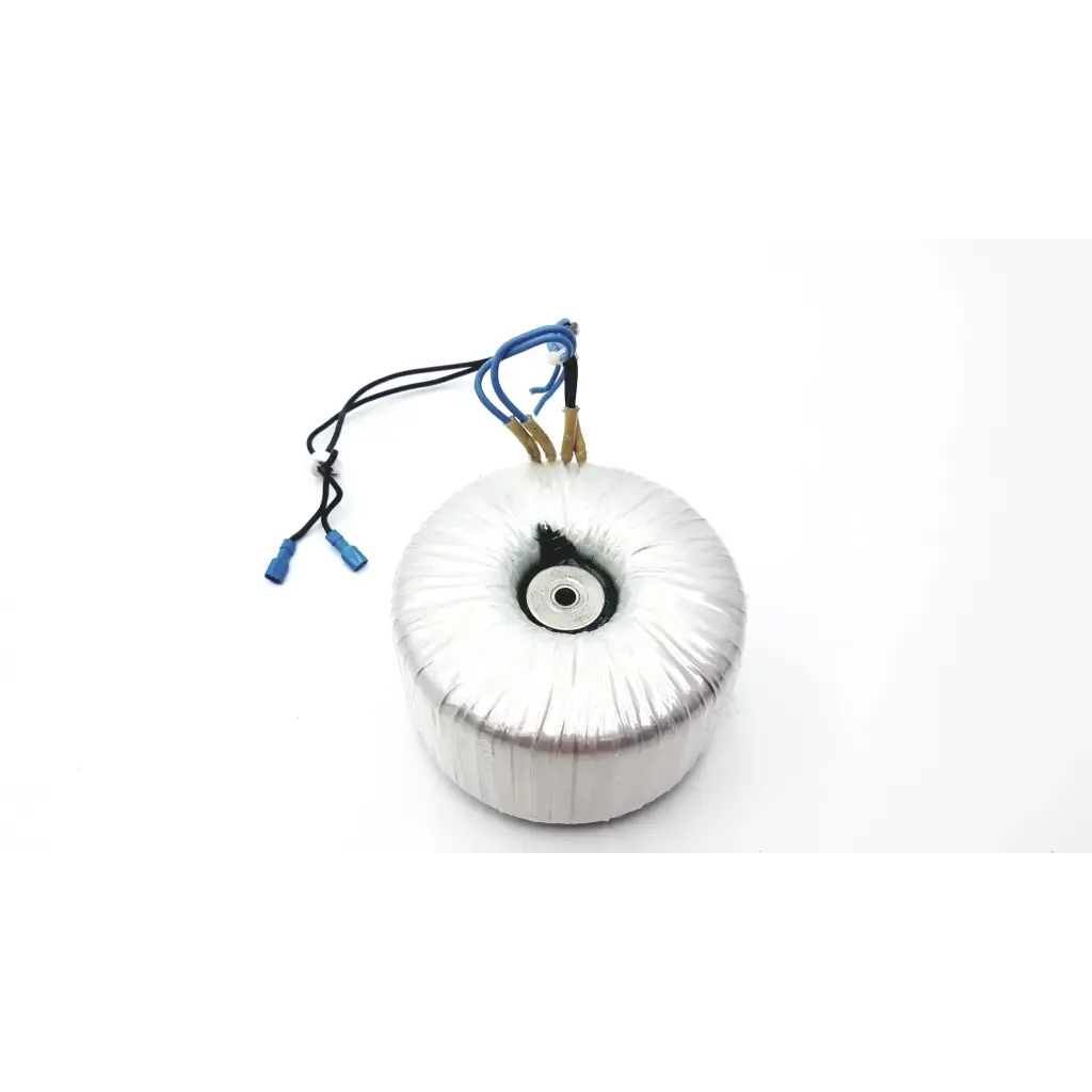 Silver-colored rgm transformatore toroidale with insulated copper windings and blue black wiring terminals 350 va class b