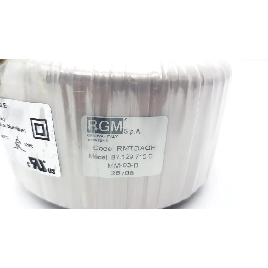 White cylindrical rgm transformatore toroidale with ribbed surface and labeled specifications class b 350 va